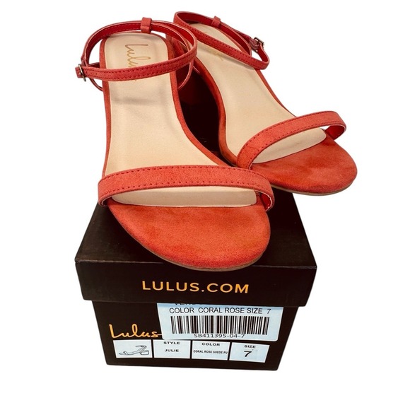 Lulus Julie Color Coral Rose Suede Ankle Strap Block Heels Sandals  Size 7 - Picture 1 of 11